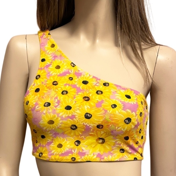 Zara One Shoulder Crop Top Tank Pullover Bralette Bandeau Sunflowers Floral - Picture 2 of 11